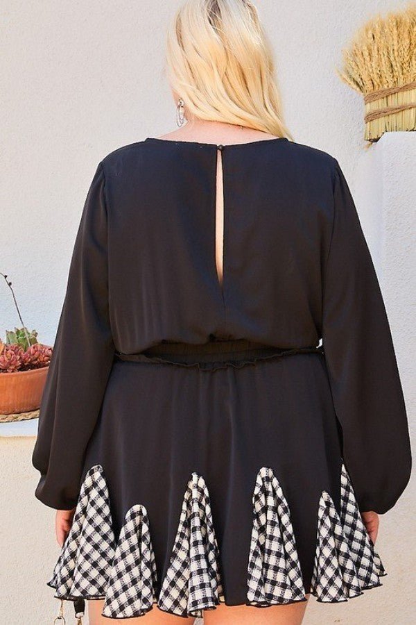 Round Neck 3/4 Bubble Sleeve Gingham Ruffle Romper - Romper - SmartBuyApparel