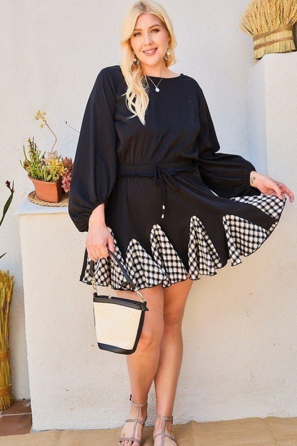 Round Neck 3/4 Bubble Sleeve Gingham Ruffle Romper - Romper - SmartBuyApparel