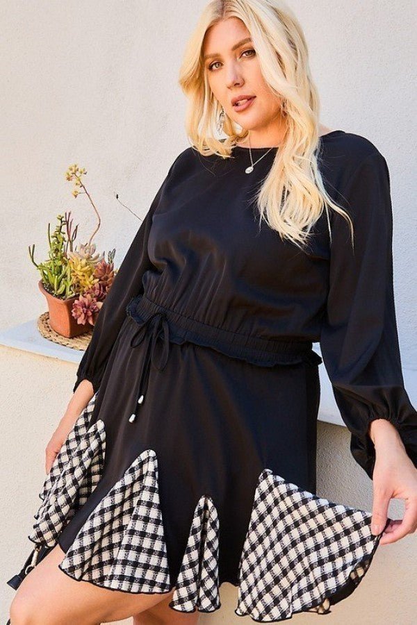 Round Neck 3/4 Bubble Sleeve Gingham Ruffle Romper - Romper - SmartBuyApparel