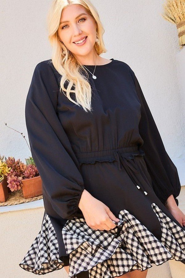 Round Neck 3/4 Bubble Sleeve Gingham Ruffle Romper - Romper - SmartBuyApparel