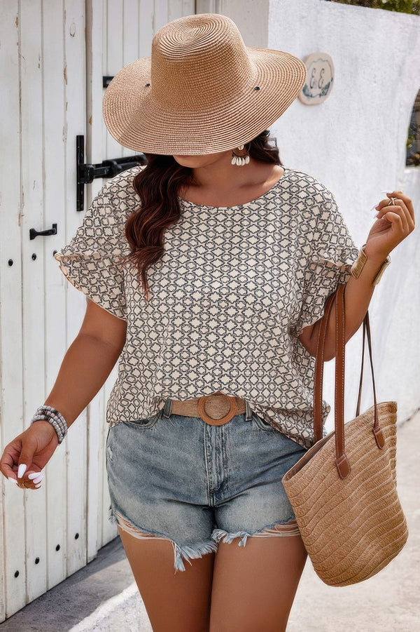 Round Neck Allover Print Ruffle Sleeves Loose Top - | SmartBuyApparel