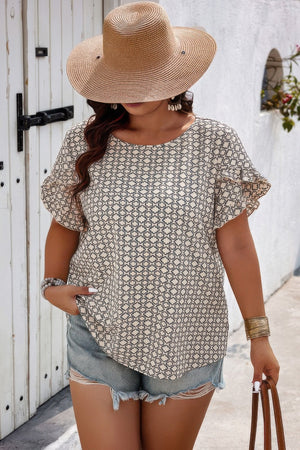 Round Neck Allover Print Ruffle Sleeves Loose Top - | SmartBuyApparel