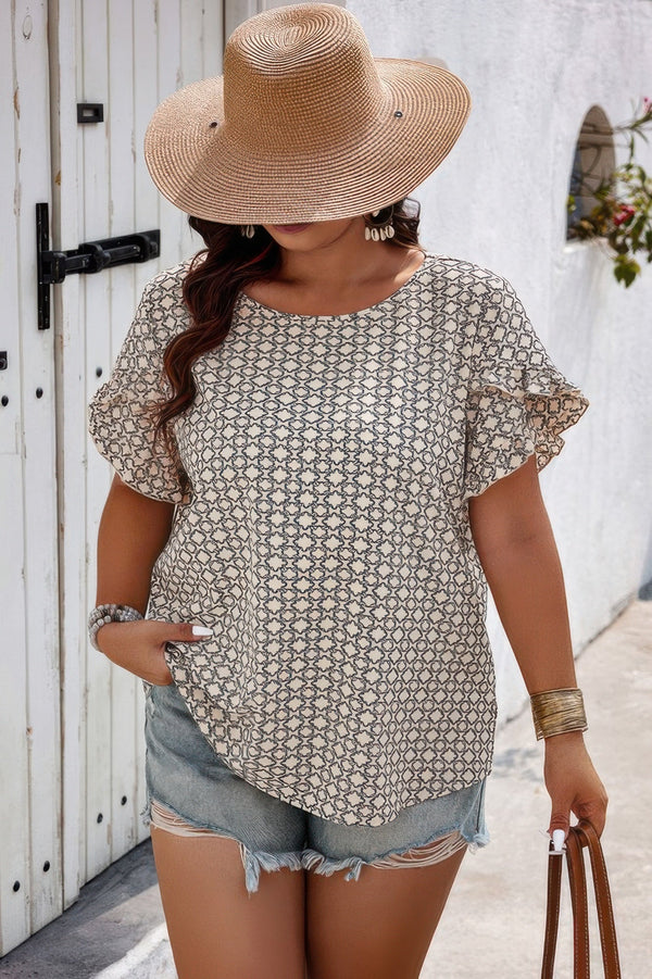 Round Neck Allover Print Ruffle Sleeves Loose Top - | SmartBuyApparel