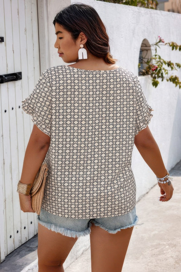 Round Neck Allover Print Ruffle Sleeves Loose Top - | SmartBuyApparel