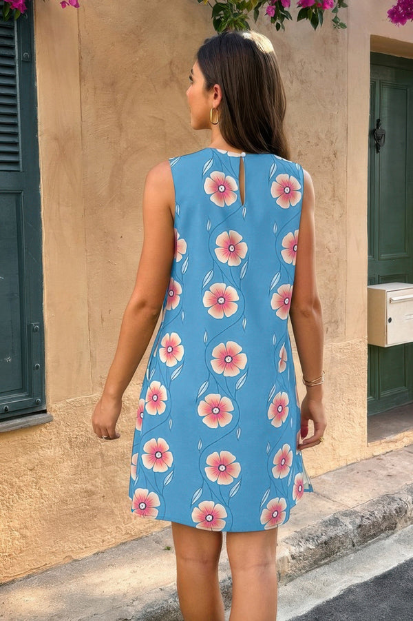Round Neck Floral Print Sleeveless Loose Dress - | SmartBuyApparel