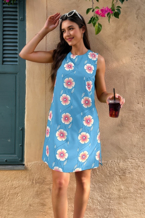 Round Neck Floral Print Sleeveless Loose Dress - | SmartBuyApparel