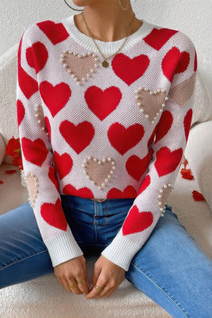 Round Neck Heart Shape Pearl Beads Knit Sweater - | SmartBuyApparel
