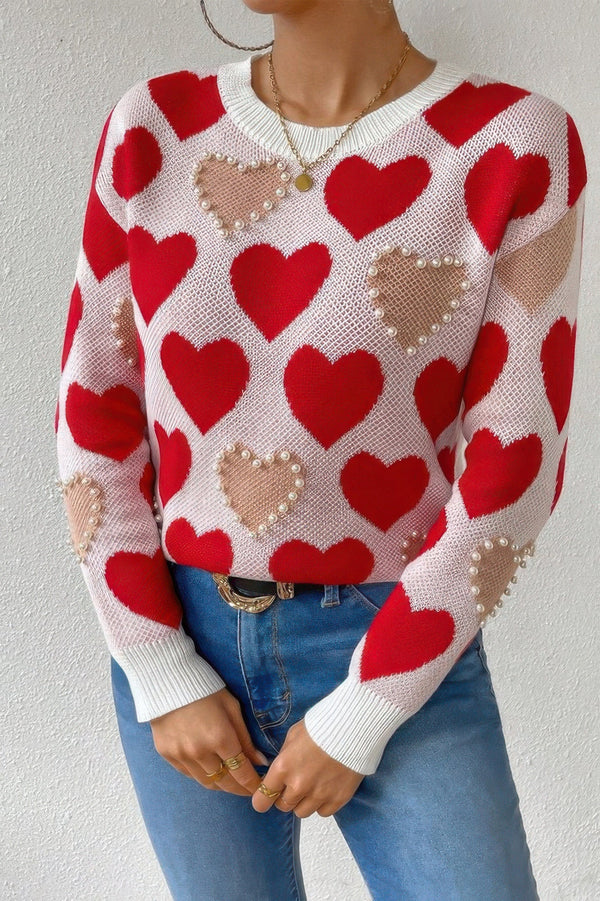 Round Neck Heart Shape Pearl Beads Knit Sweater - | SmartBuyApparel