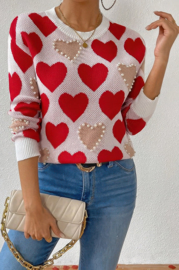 Round Neck Heart Shape Pearl Beads Knit Sweater - | SmartBuyApparel