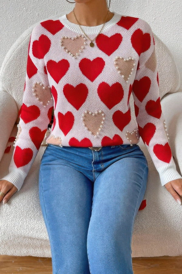 Round Neck Heart Shape Pearl Beads Knit Sweater - | SmartBuyApparel