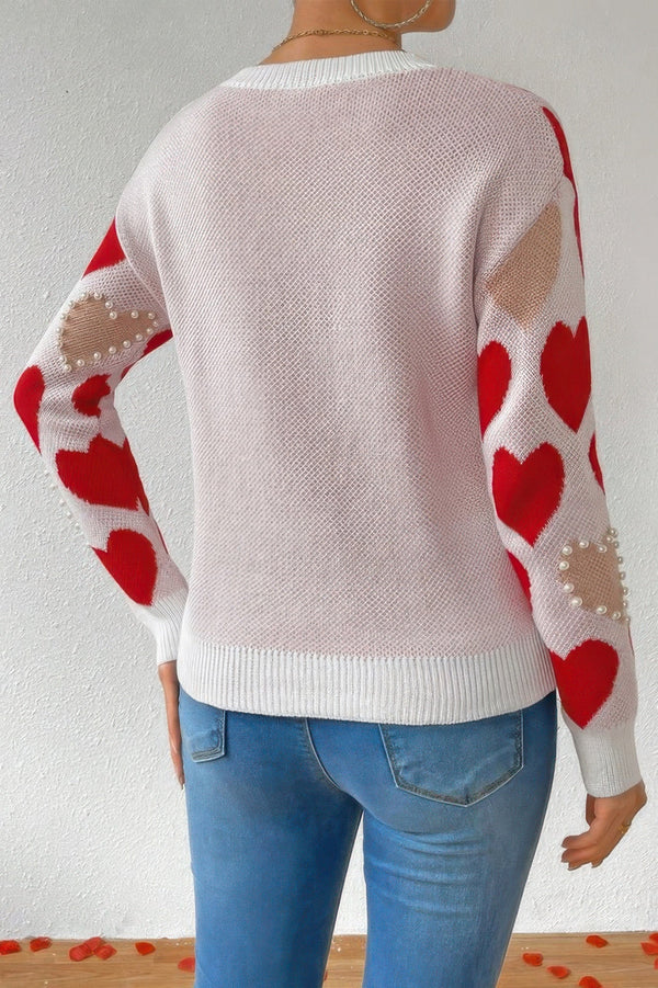 Round Neck Heart Shape Pearl Beads Knit Sweater - | SmartBuyApparel