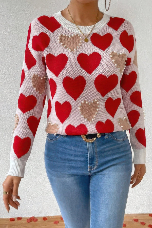Round Neck Heart Shape Pearl Beads Knit Sweater - | SmartBuyApparel