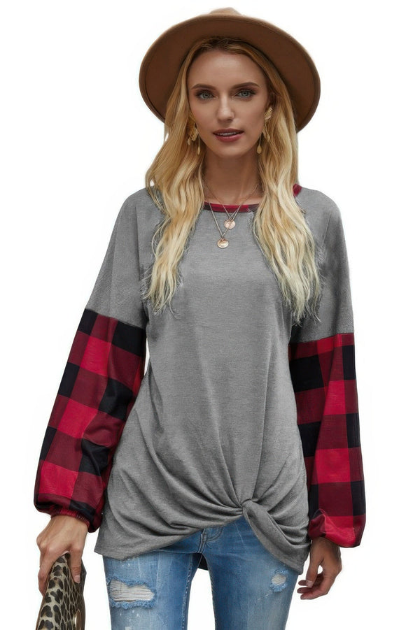 Round Neck Lantern Sleeve Patchwork Pullover - | SmartBuyApparel