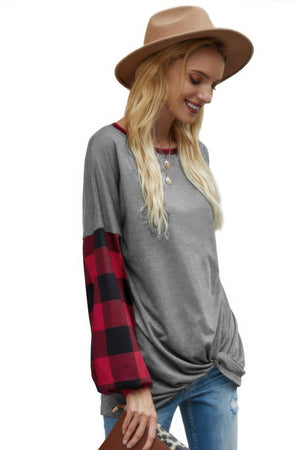 Round Neck Lantern Sleeve Patchwork Pullover - | SmartBuyApparel