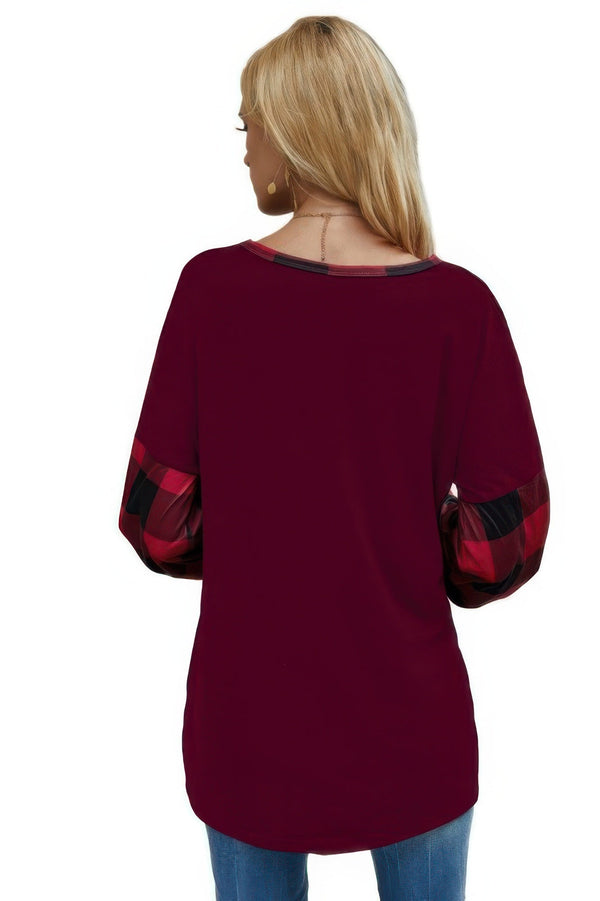 Round Neck Lantern Sleeve Patchwork Pullover - | SmartBuyApparel