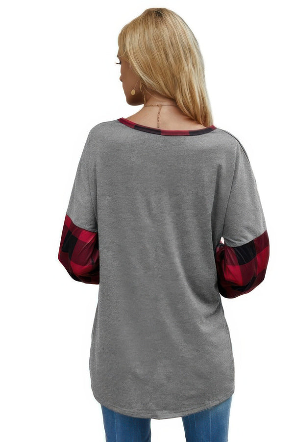 Round Neck Lantern Sleeve Patchwork Pullover - | SmartBuyApparel