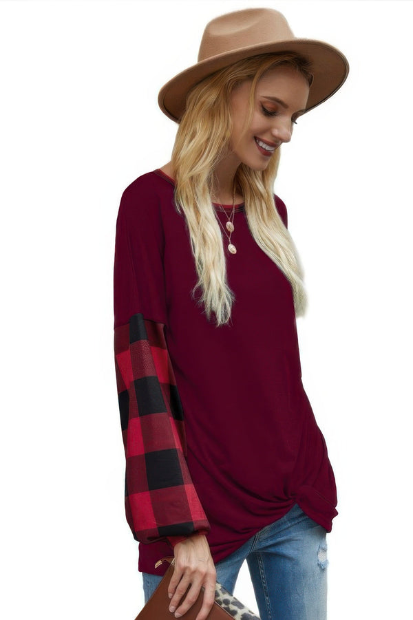 Round Neck Lantern Sleeve Patchwork Pullover - | SmartBuyApparel