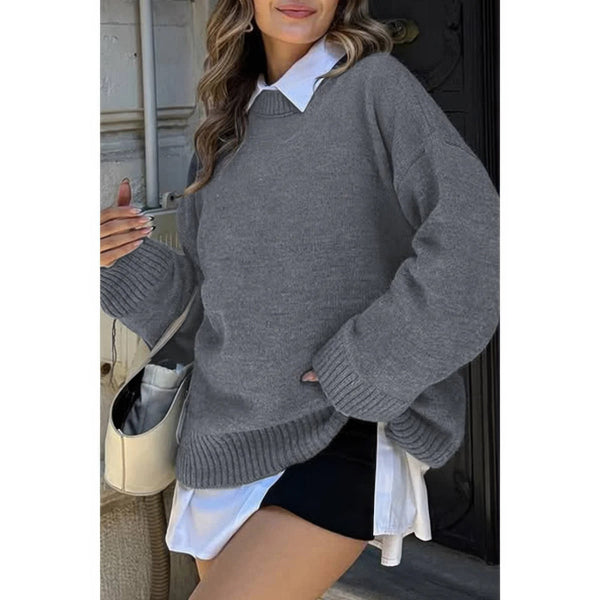 Round Neck Long Sleeve Knitted Loose Sweater - Women's sweater - SmartBuyApparel