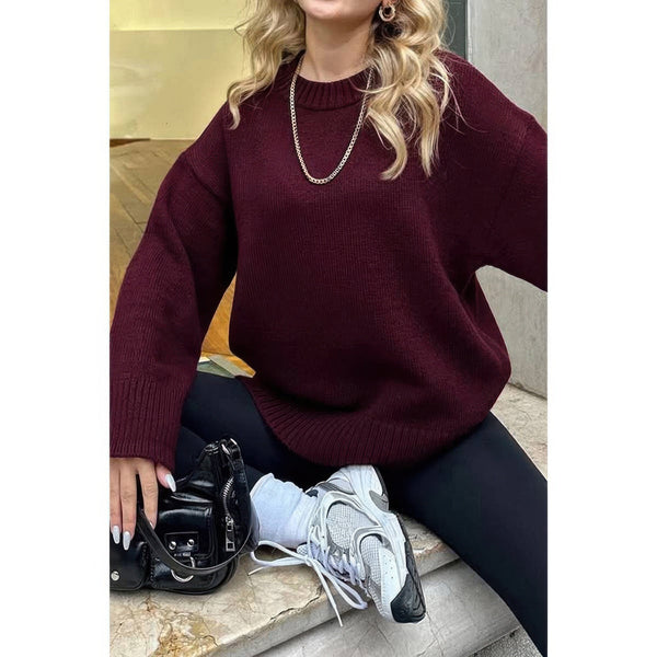Round Neck Long Sleeve Knitted Loose Sweater - Women's sweater - SmartBuyApparel