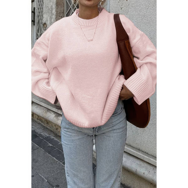 Round Neck Long Sleeve Knitted Loose Sweater - Women's sweater - SmartBuyApparel