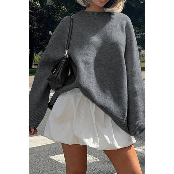 Round Neck Long Sleeve Knitted Loose Sweater - Women's sweater - SmartBuyApparel