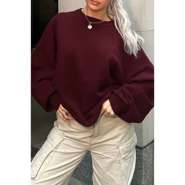 Round Neck Long Sleeve Knitted Loose Sweater - Women's sweater - SmartBuyApparel