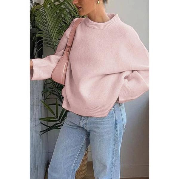 Round Neck Long Sleeve Knitted Loose Sweater - Women's sweater - SmartBuyApparel
