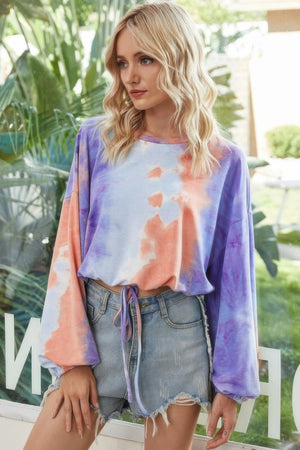 Round Neck Tie Dye Long Balloon Sleeve Top - | SmartBuyApparel