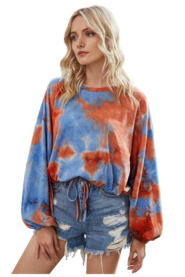 Round Neck Tie Dye Long Balloon Sleeve Top - | SmartBuyApparel