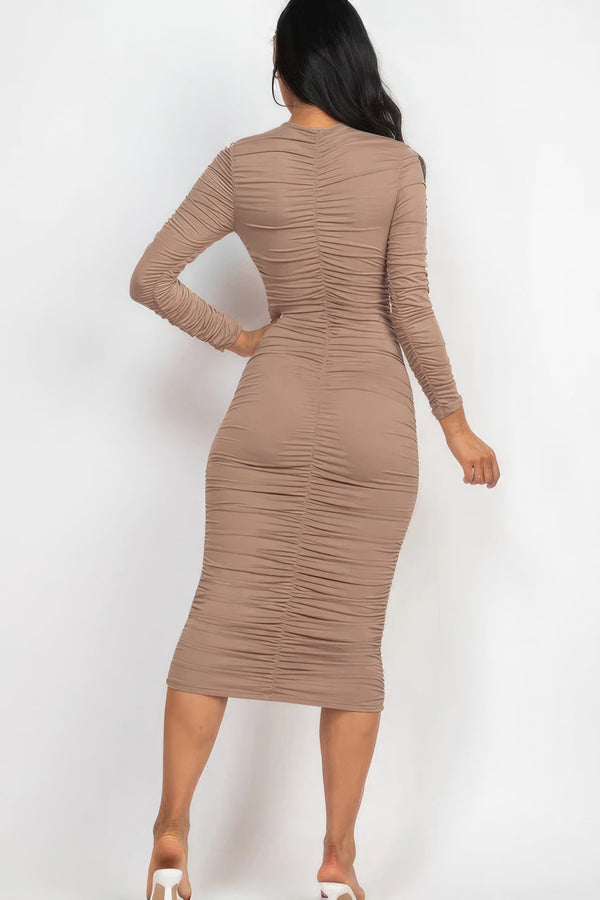 Ruched Long Sleeve Midi Dress - Dress - SmartBuyApparel