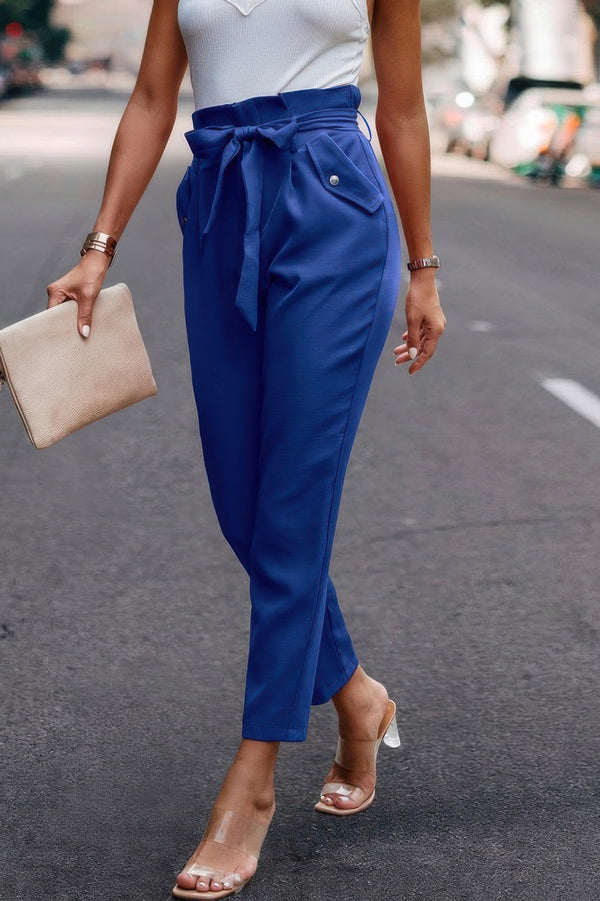 Ruffle Belt Pocket Solid Skinny Pants - | SmartBuyApparel