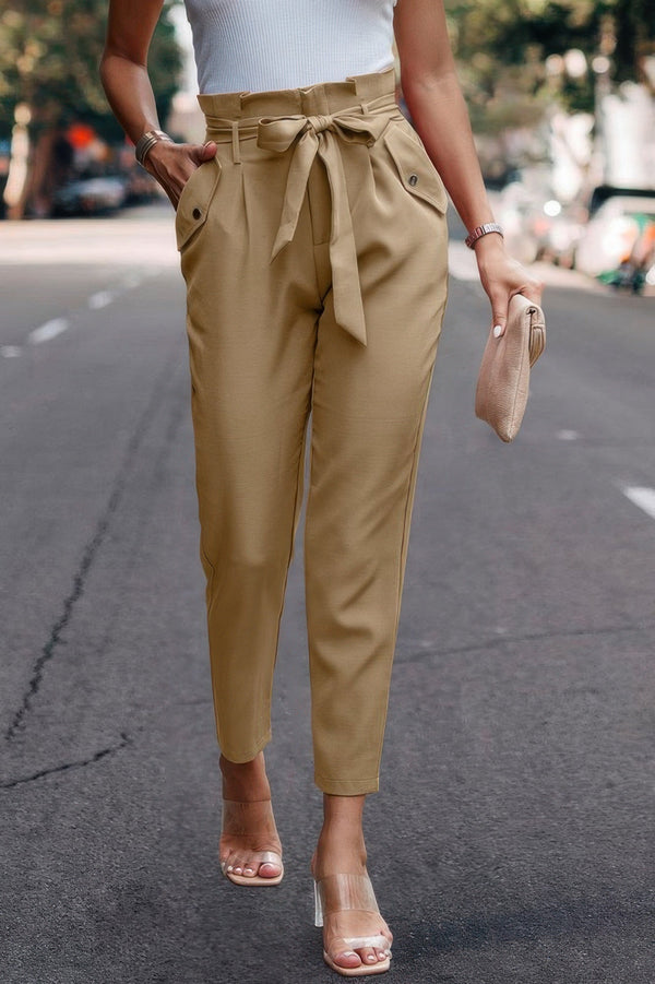 Ruffle Belt Pocket Solid Skinny Pants - | SmartBuyApparel