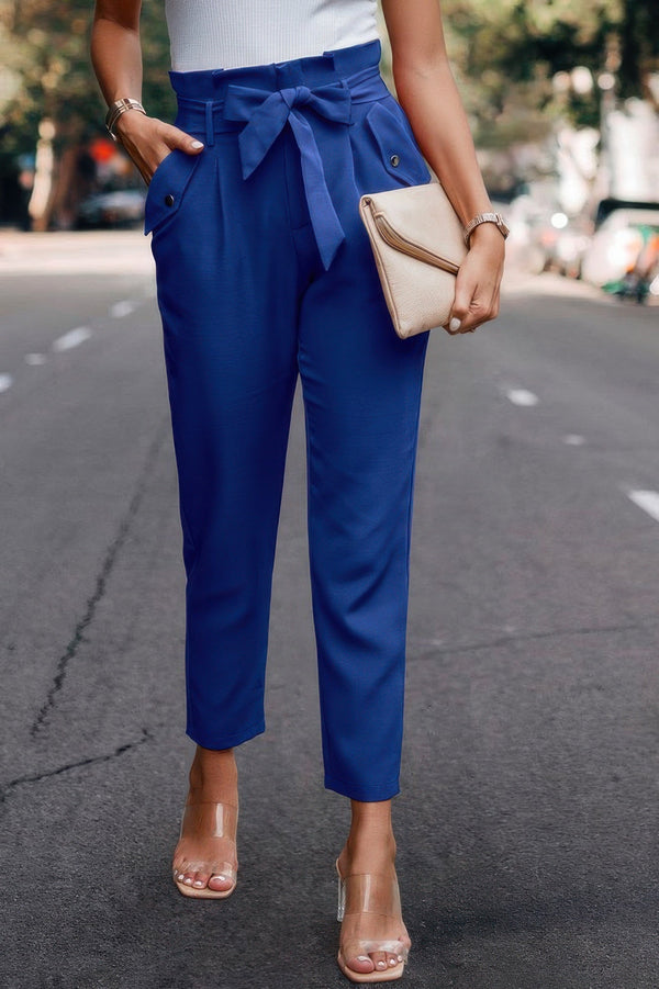 Ruffle Belt Pocket Solid Skinny Pants - | SmartBuyApparel