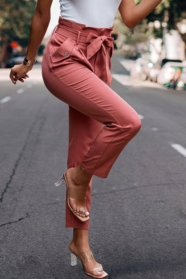 Ruffle Belt Pocket Solid Skinny Pants - | SmartBuyApparel