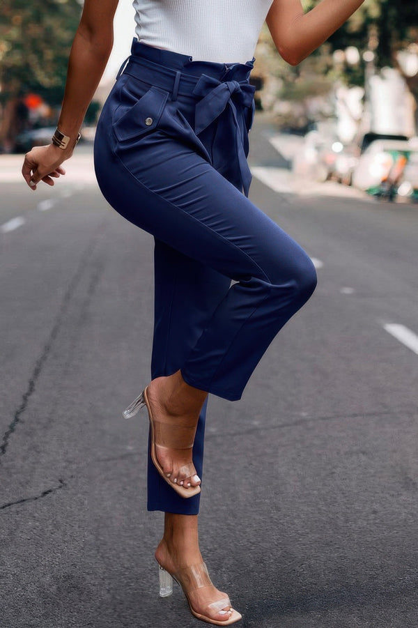 Ruffle Belt Pocket Solid Skinny Pants - | SmartBuyApparel