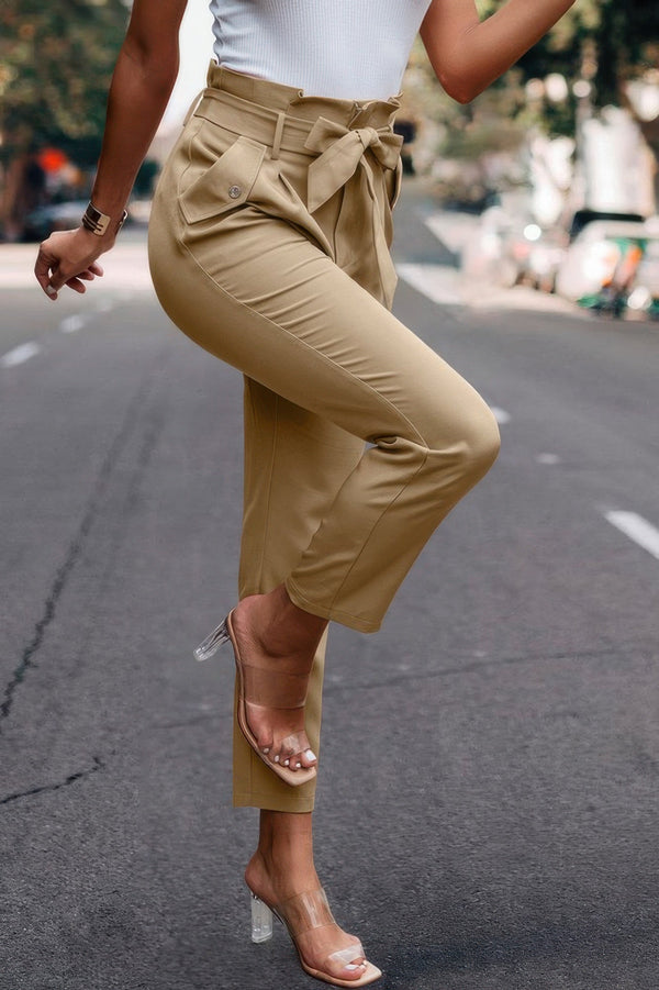 Ruffle Belt Pocket Solid Skinny Pants - | SmartBuyApparel