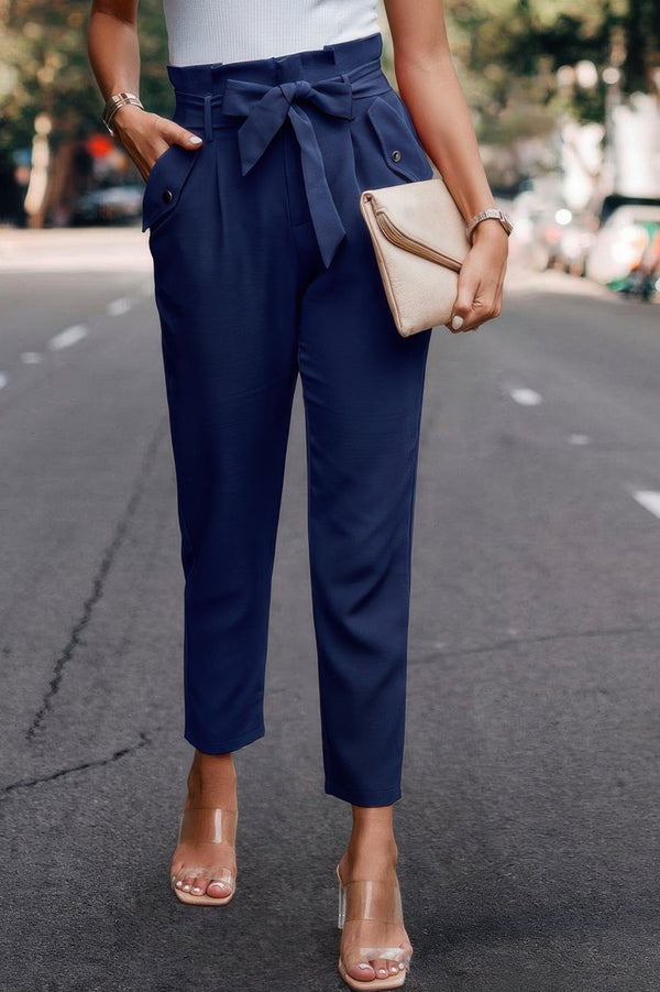 Ruffle Belt Pocket Solid Skinny Pants - | SmartBuyApparel