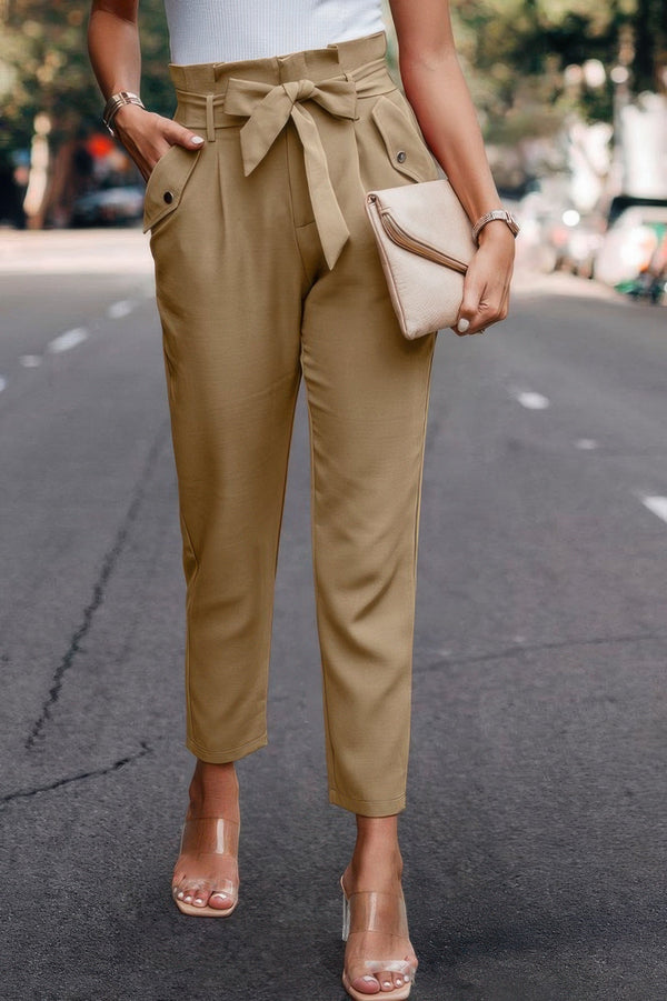 Ruffle Belt Pocket Solid Skinny Pants - | SmartBuyApparel
