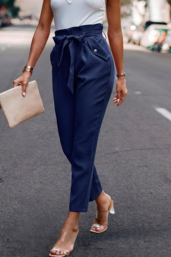 Ruffle Belt Pocket Solid Skinny Pants - | SmartBuyApparel