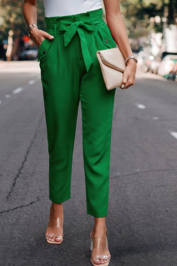 Ruffle Belt Pocket Solid Skinny Pants - | SmartBuyApparel