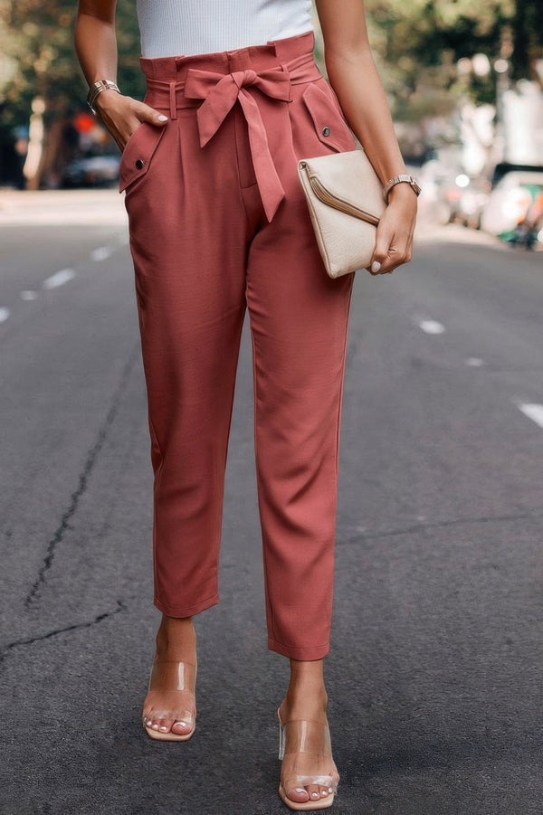 Ruffle Belt Pocket Solid Skinny Pants - | SmartBuyApparel