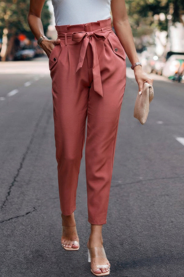 Ruffle Belt Pocket Solid Skinny Pants - | SmartBuyApparel