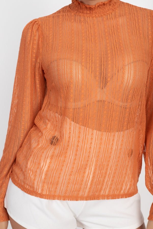 Ruffle Mock Neck Lace Top - Women's top - SmartBuyApparel