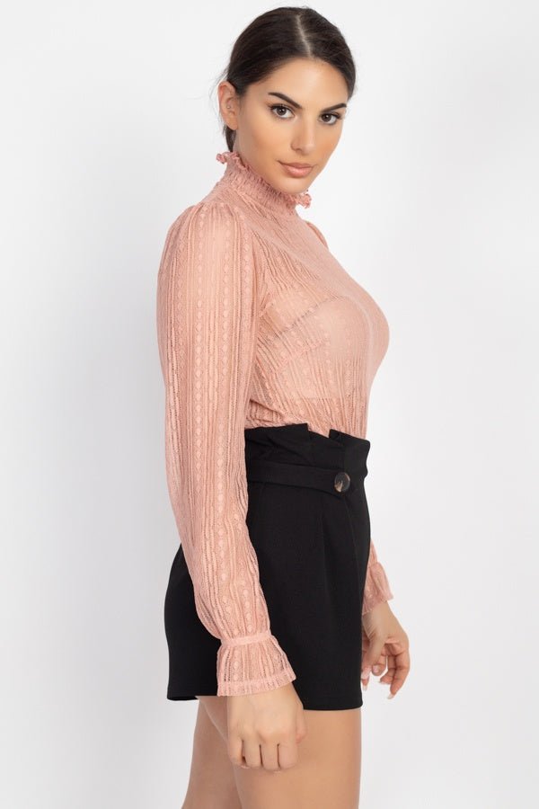 Ruffle Mock Neck Lace Top - Women's top - SmartBuyApparel