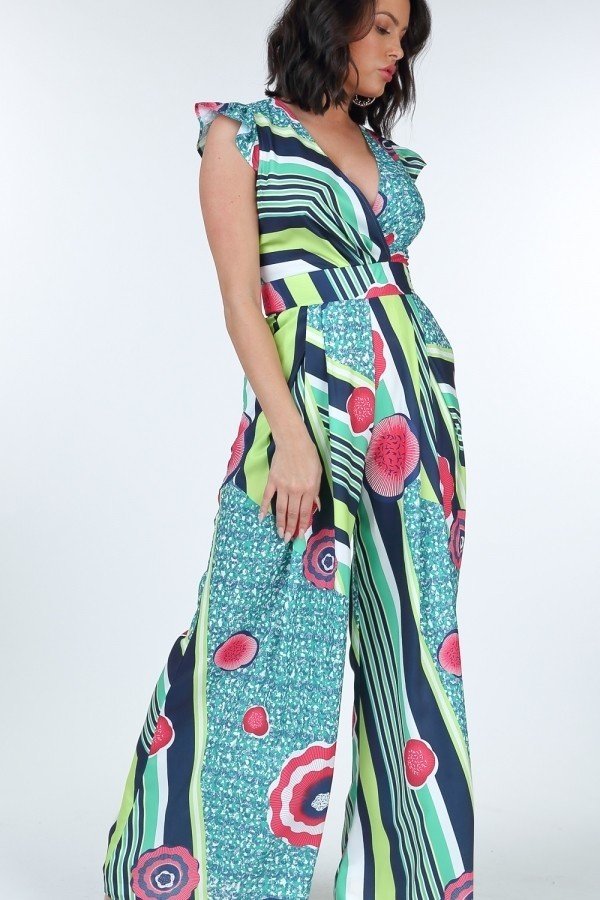 Ruffle Sleeve Surplice Jumpsuit - Jumpsuit - SmartBuyApparel