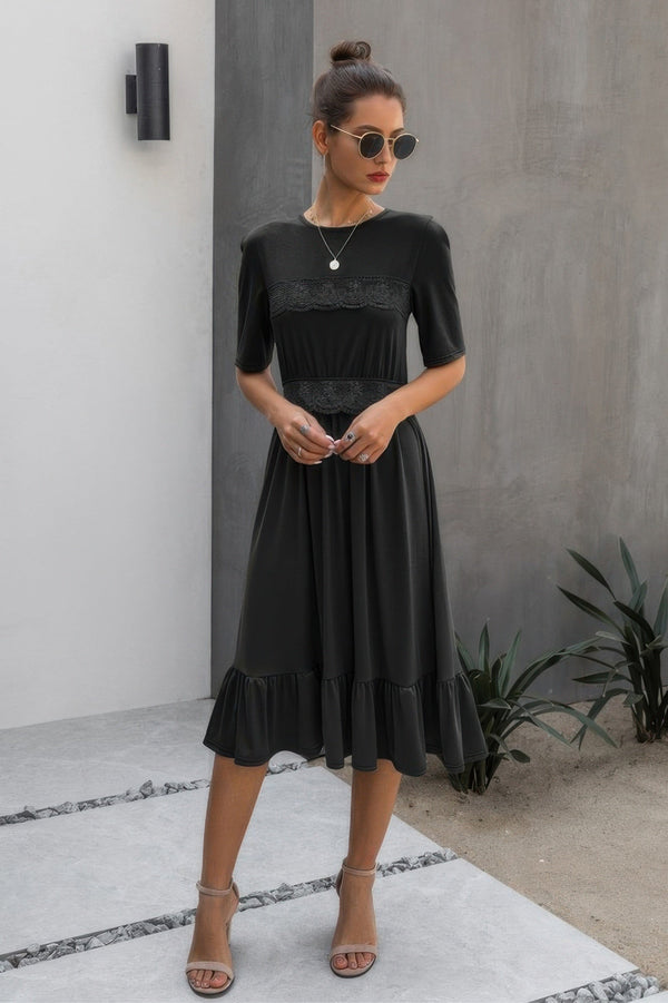 Ruffled Lace Midi Swing Dress - | SmartBuyApparel