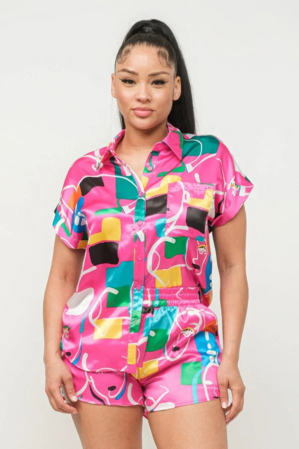 Satin Dolman Print Button Down Top And Shorts Set - Women's set - SmartBuyApparel
