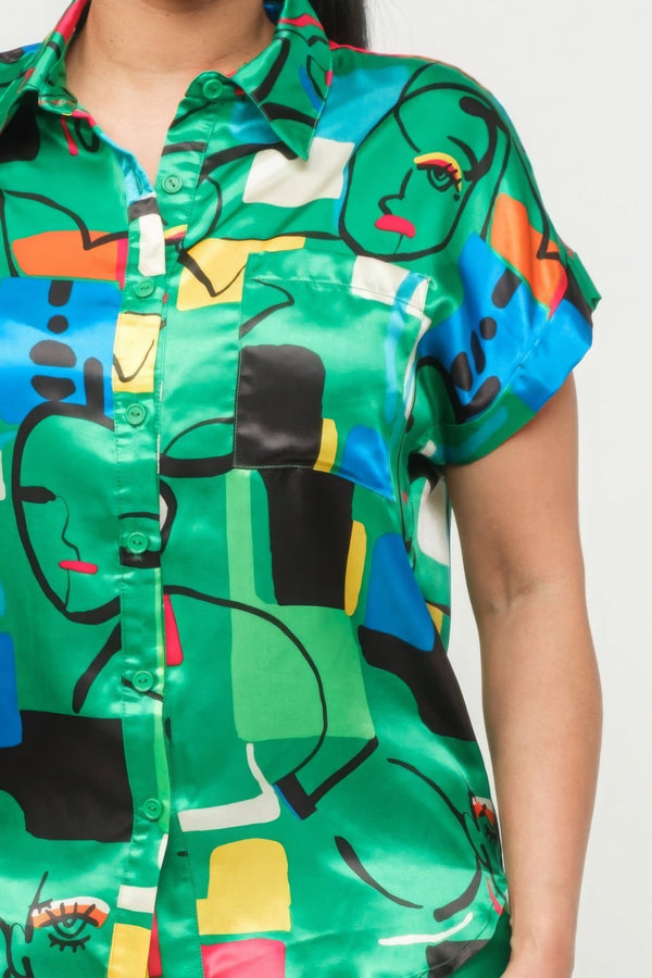 Satin Dolman Print Button Down Top And Shorts Set - Women's set - SmartBuyApparel