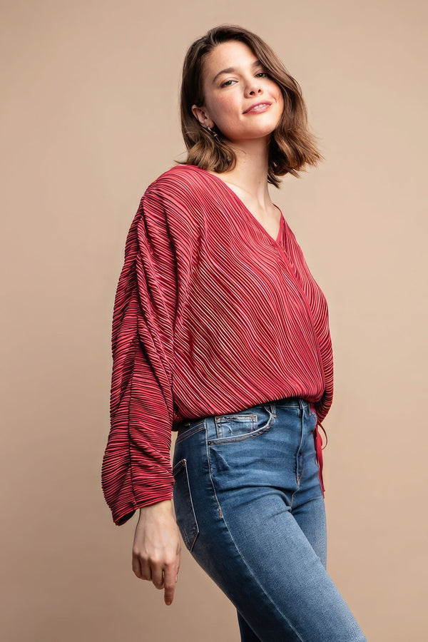 Satin Pleated Drawstring Top With Snap Button - Women's top - SmartBuyApparel