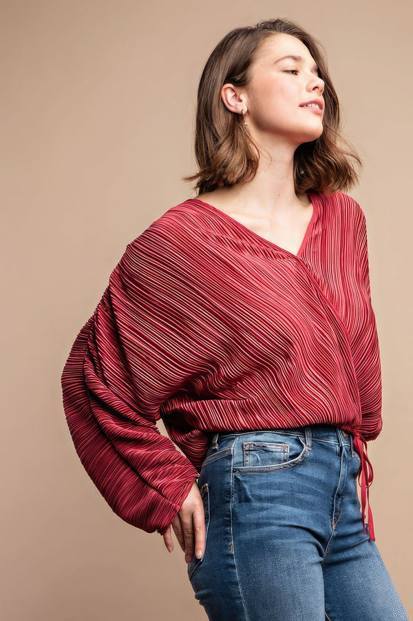 Satin Pleated Drawstring Top With Snap Button - Women's top - SmartBuyApparel